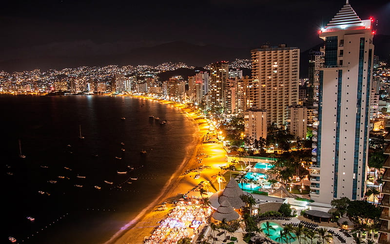 Acapulco, Mexico, evening, coast, beach, resort, night, city lights, Pacific Ocean, Mexican resort town, Southern Sierra Madre, HD wallpaper