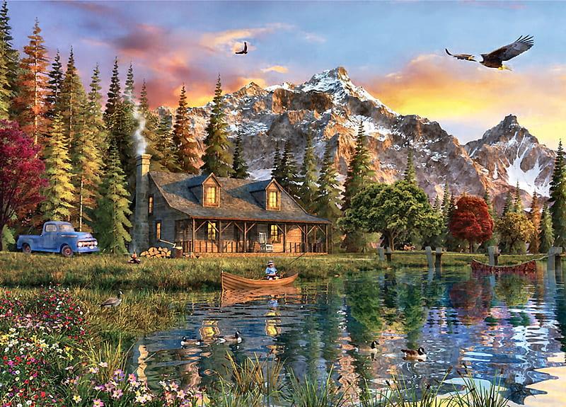 Eagle View Cottage F2Cmp, architecture, art, cottage, eagle, bonito, lake, artwork, water, painting, wide screen, scenery, landscape, HD wallpaper