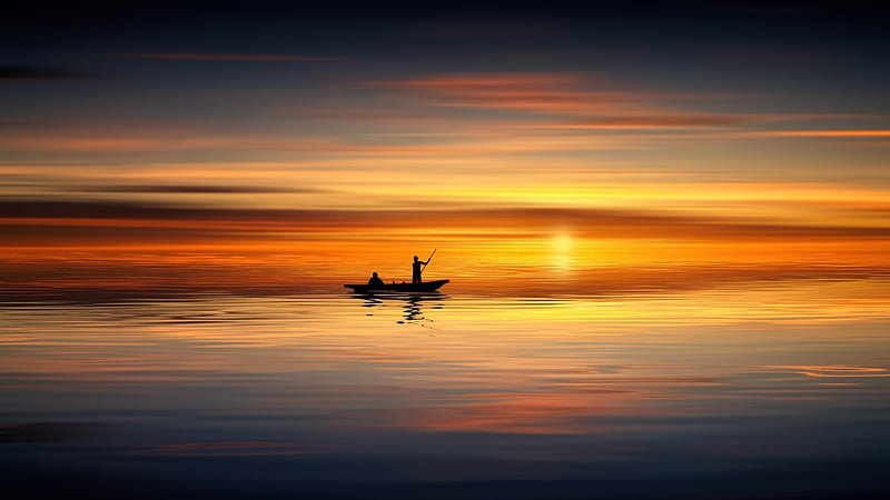 fishermen, sunset, sailboat, sea, HD wallpaper