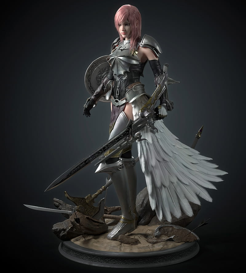 Cifangyi, CGI, women, pink hair, looking away, bangs, warrior, armor, weapon, sword, feathers, steel, simple background, Final Fantasy XIII, Claire Farron, HD phone wallpaper
