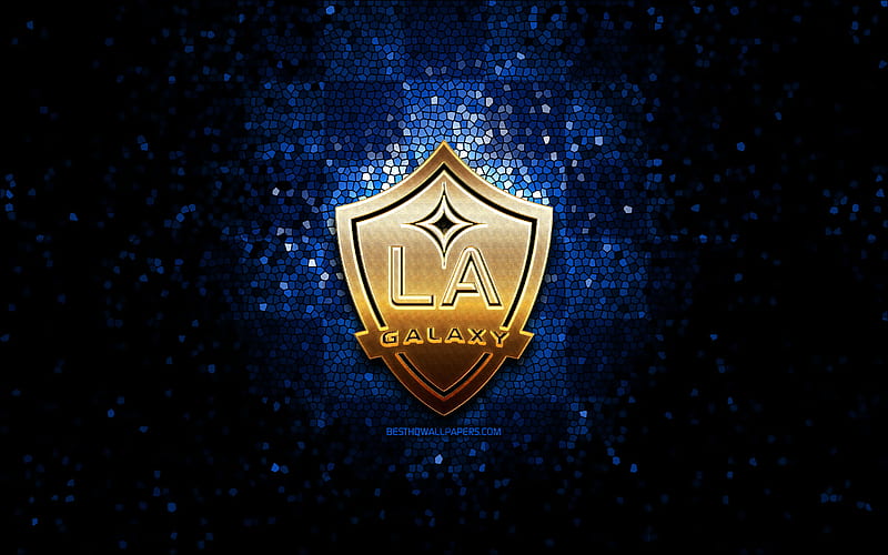 Los Angeles Galaxy FC, glitter logo, MLS, blue checkered background, USA, american soccer team, Los Angeles Galaxy, Major League Soccer, Los Angeles Galaxy logo, mosaic art, soccer, football, America, LA Galaxy, HD wallpaper