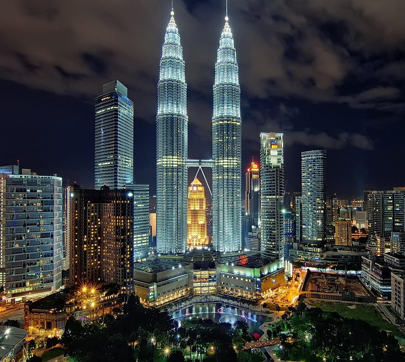 Malaysia, building, kuala lumpur, lights, night, town, HD wallpaper