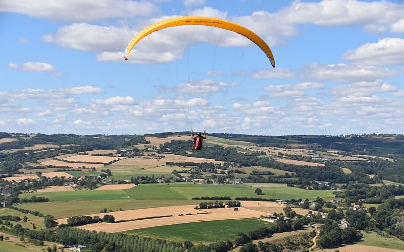 Paragliding over Fields, panorama, clouds, paraglider, fields, HD wallpaper
