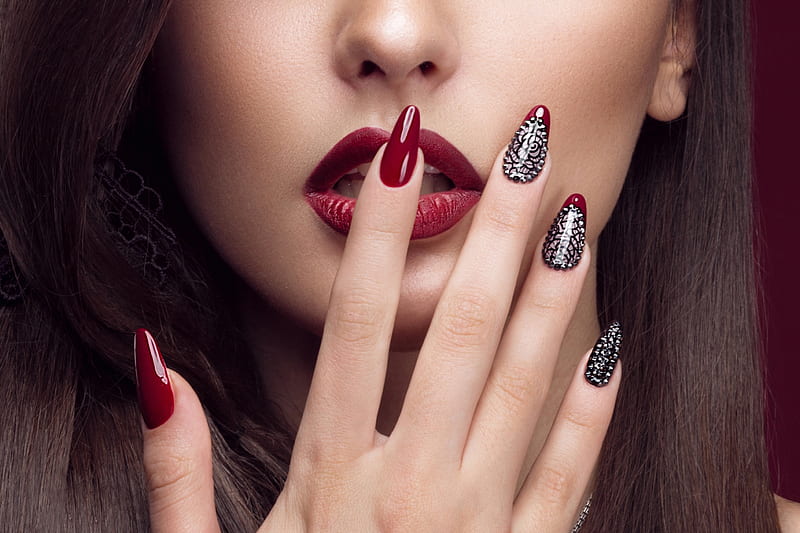Red, mouth, hand, nails, lips, woman, HD wallpaper