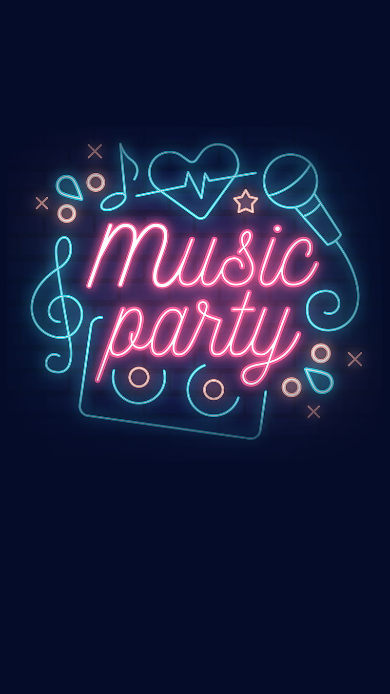 Music Party, 80s, Kiss, blue, boombox, dark, heart, mic, microphone, neon, pink, sign, speaker, star, HD phone wallpaper