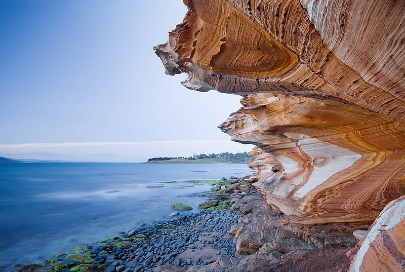 Painted Cliffs,Maria Island, Tasmania, Australia, curves, rock, ocean, tasmania, painted, maria, water, australia, nature, cliff, island, HD wallpaper