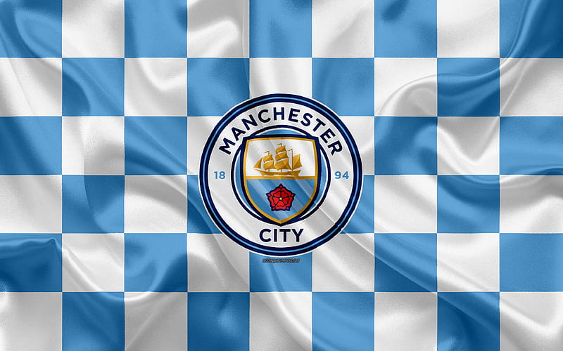 Manchester City FC logo, creative art, blue and white checkered flag, English football club, Premier League, emblem, silk texture, Manchester, United Kingdom, England, Man City FC, HD wallpaper