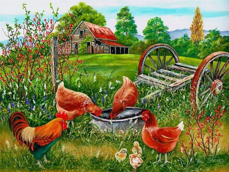 On the Farm, rooster, chicken, hens, poultry, trees, artwork, barn, painting, flowers, HD wallpaper