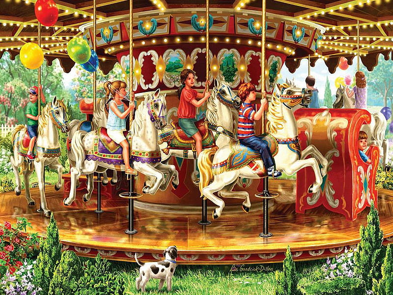 Carousel Ride, dog, balloons, horses, painting, children, artwork, HD wallpaper