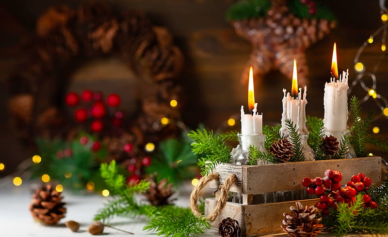 Christmas decoration, still life, flame, christmas, holiday, decoration, bonito, candles, winter, HD wallpaper