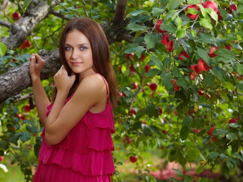 Blue eyed woman, apple tree, lovely, red dress, eyed, nature, Blue, woman, HD wallpaper