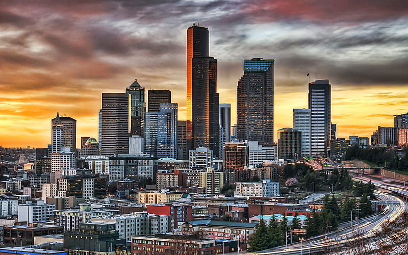Columbia Center, Seattle, Smith Tower, evening, sunset, Seattle skyscrapers, modern buildings, Seattle cityscape, skyline, Washington, USA, HD wallpaper
