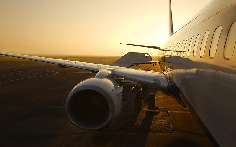 Airplane travel, sunset, passenger plane, aircraft wing, airport, HD wallpaper