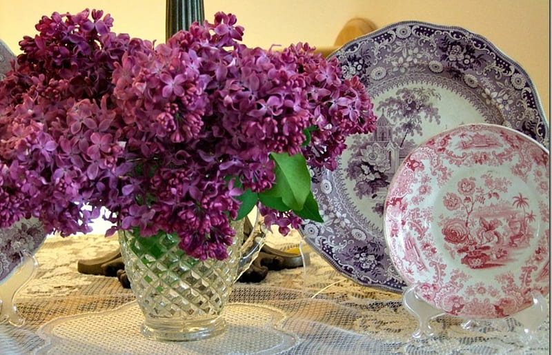 Lilacs And Porcelain, crystal vase, still life, table top, lace tablecloth, flowers, plates, vase, porcelain plates, HD wallpaper