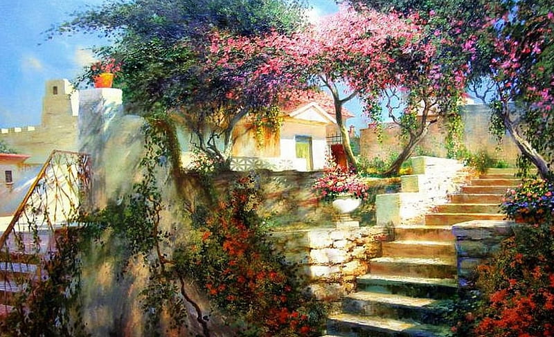 Mediterranean Spring, house, painting, flowers, stairs, trees, blooming, artwork, HD wallpaper
