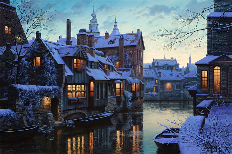 Eugeny Lushpin - Twilight in Brugge, scenic, canal, bonito, twilight, snowy, brugge, lights, europe, belgium, city, boats, painting, river, reflection, eugene lushpin, lushpin, houses, town, sky, winter, water, snow, peaceful, eugeny lushpin, frozen, HD wallpaper