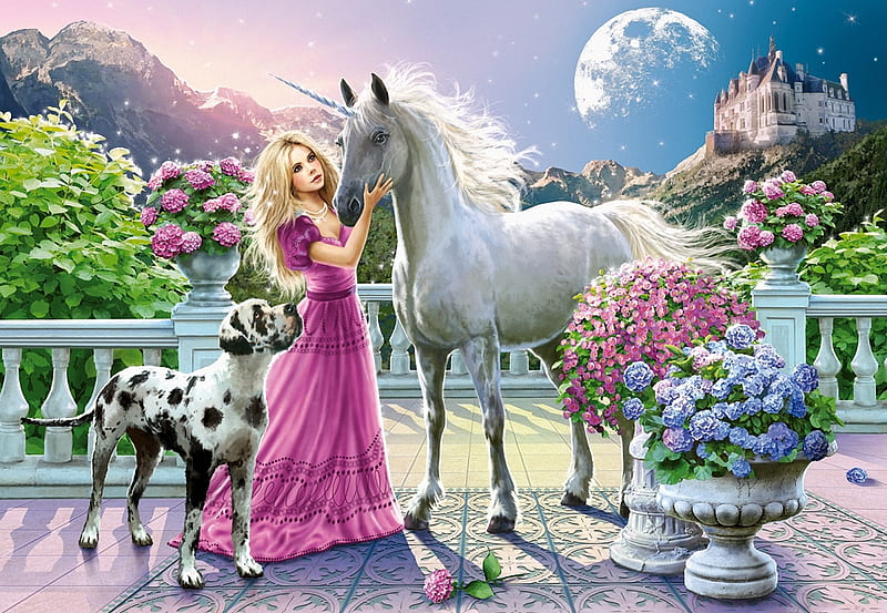 Princess and Unicorn, stars, moon, girl, mountains, flowers, castle, horse, dog, digital, HD wallpaper