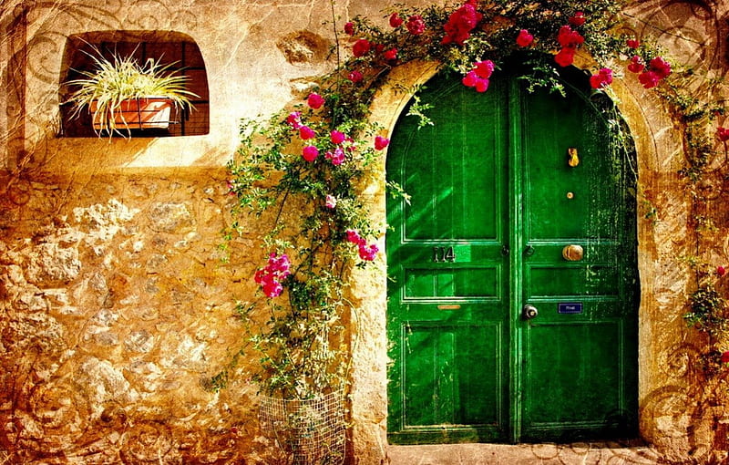 Doorways, pretty, colorful, welcome, sunny, bonito, floral, door, nice, green, stone, hospitable, flowers, gate, lovely, wall, roses, summer, HD wallpaper