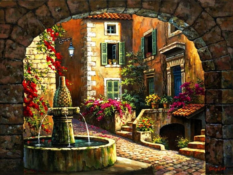 Mediterranean Village, fountain, arch, houses, painting, flowers, artwork, HD wallpaper