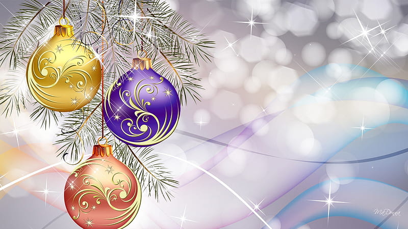 A Christmas Story, shine, lavender, silk, xmas, sparkle, bokeh, decorations, pink, blue, stars, feliz navidad, holiday, christmas, pale, glitter, waves, balls, pastel, shiny, HD wallpaper