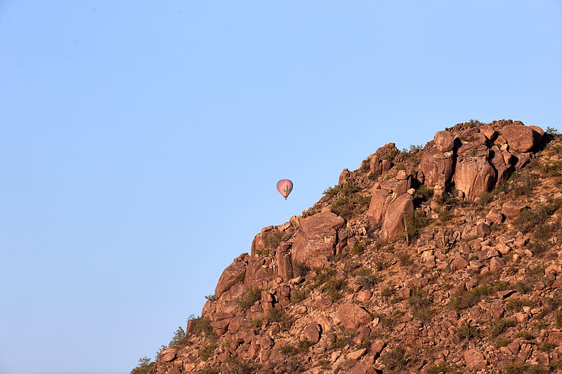 balloon, rock, mountains, sky, HD wallpaper