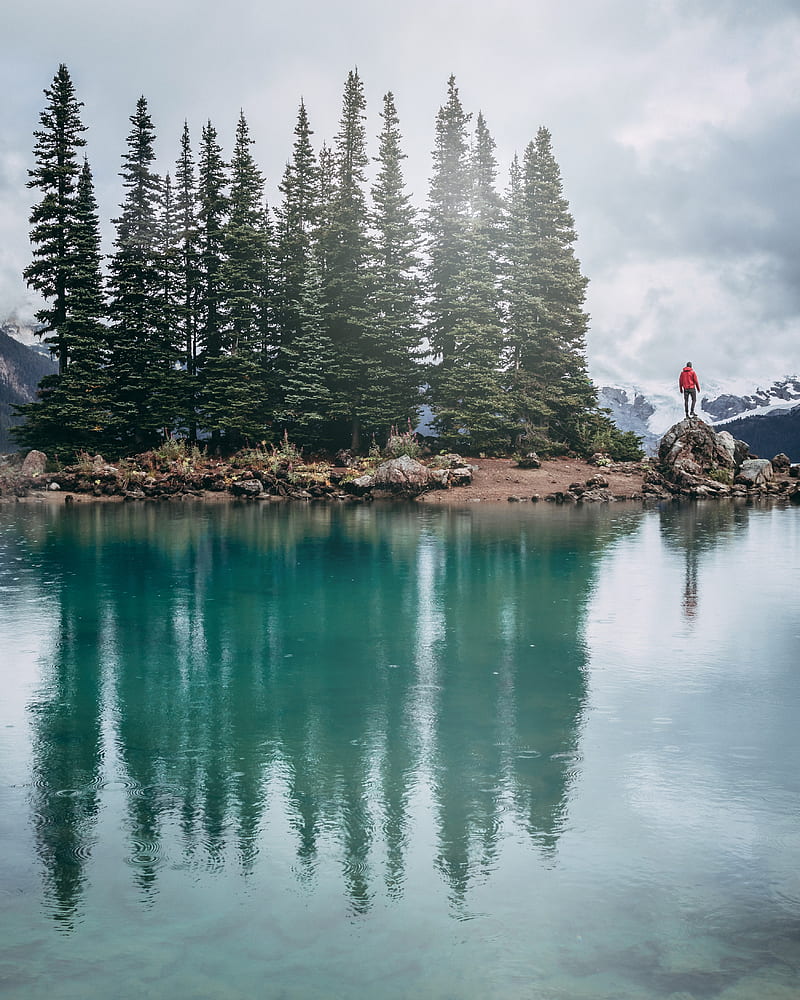 lake, shore, trees, stones, silhouette, mountains, HD phone wallpaper