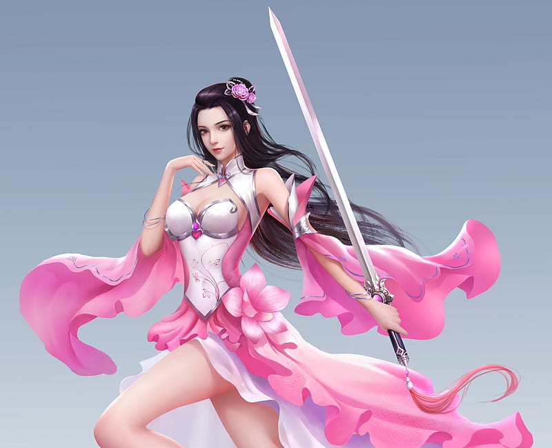 Fantasy girl, fantasy, frumusete, chunwhei lee, girl, luminos, pink, sword, HD wallpaper