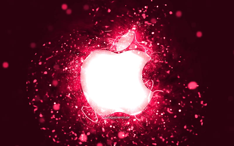 Apple pink logo pink neon lights, creative, pink abstract background, Apple logo, brands, Apple, HD wallpaper