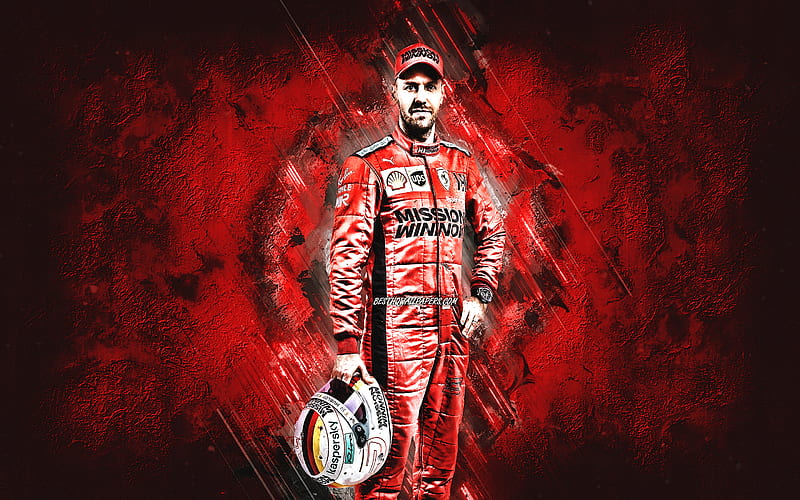 Sebastian Vettel, Scuderia Ferrari, Formula 1, German race car driver, red stone background, Ferrari, HD wallpaper