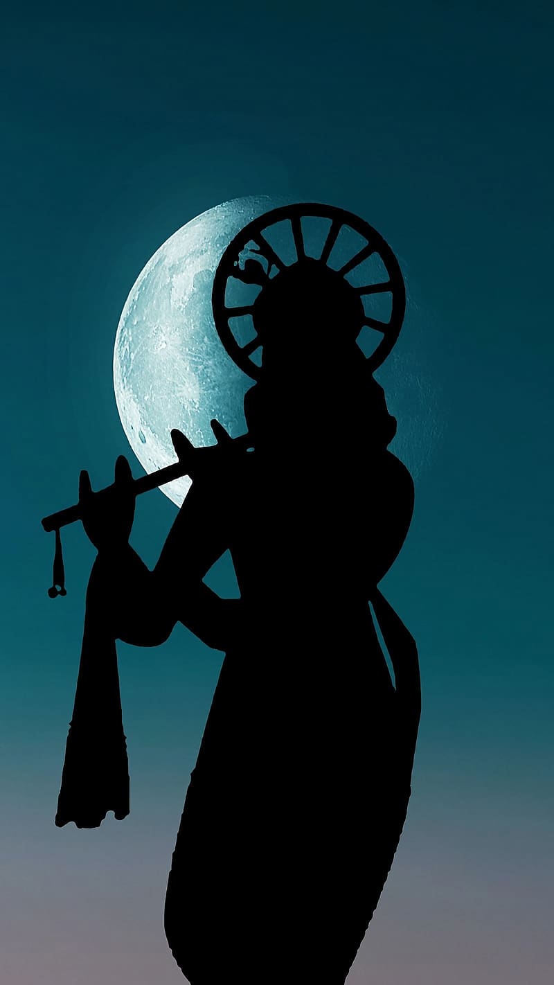 Krishna Bhagwan Na, Silhouette, Moon Background, lord krishna silhouette, god, HD phone wallpaper
