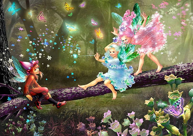 Fairies Playing, forest, fairyland, utterflies, painting, flowers, butterflies, artwork, lights, HD wallpaper