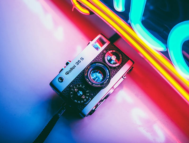 camera, neon, retro, light, colorful, HD wallpaper