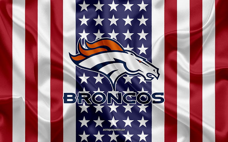 Denver Broncos logo, emblem, silk texture, American flag, American football club, NFL, Denver, Colorado, USA, National Football League, american football, silk flag, HD wallpaper
