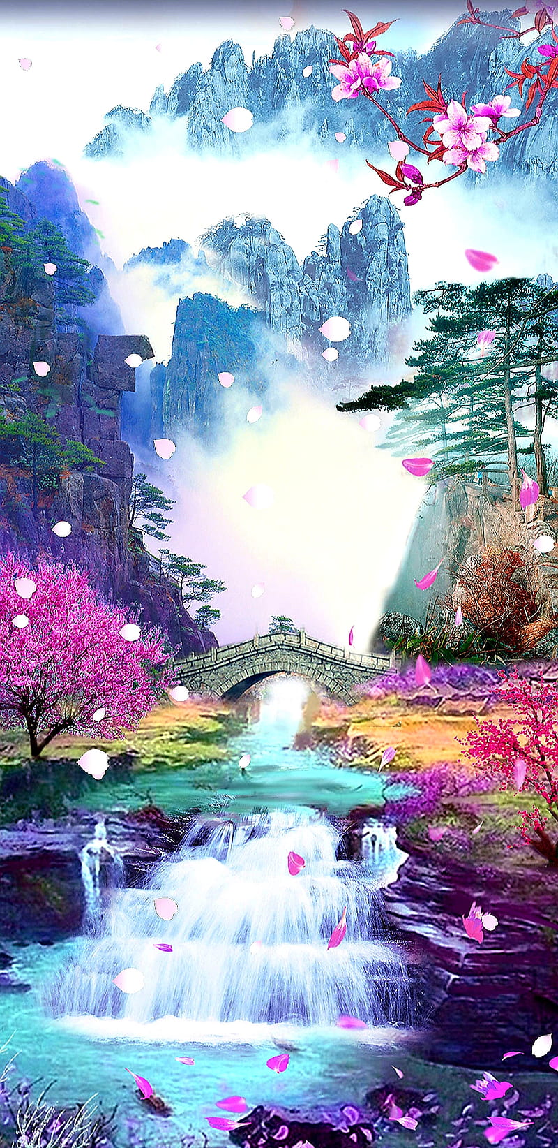 What Dreams Are, bonito, blossom, cherry, fantasy, flower, pink, pretty, waterfalls, HD phone wallpaper
