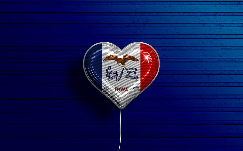 I Love Iowa realistic balloons, blue wooden background, United States of America, Iowa flag heart, flag of Iowa, balloon with flag, American states, Love Iowa, USA, HD wallpaper