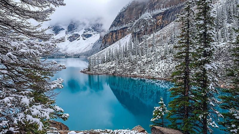 Moraine Lake, Banff NP, snow, mountains, canada, alberta, trees, winter, HD wallpaper