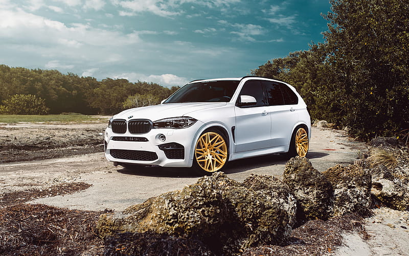 BMW X5 M, 2018 white luxury SUV, tuning, gold wheels, white X5M, German cars, BMW, HD wallpaper
