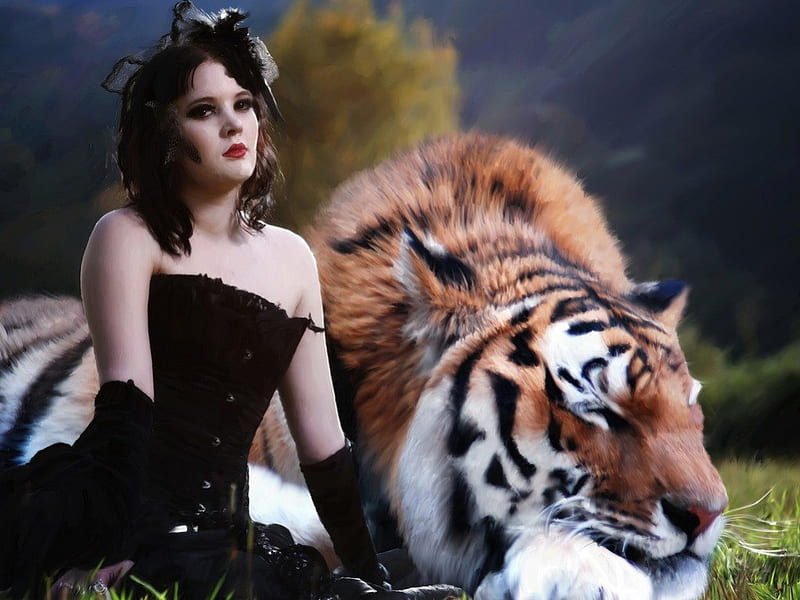 Black Lady and her Tiger, black, tiger, lady, animal, friends, HD wallpaper  | Peakpx