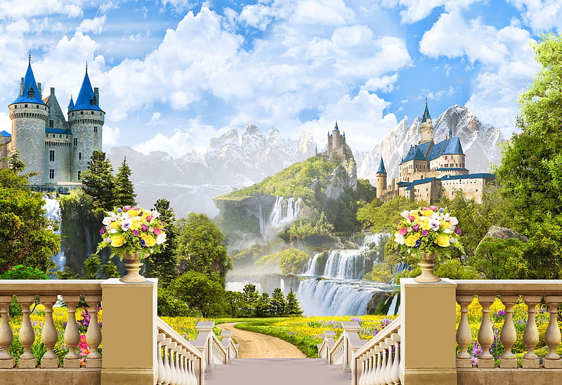 Castle waterfall, view, paradise, balcony, waterfall, flowers, bonito, sky,  castle, HD wallpaper | Peakpx