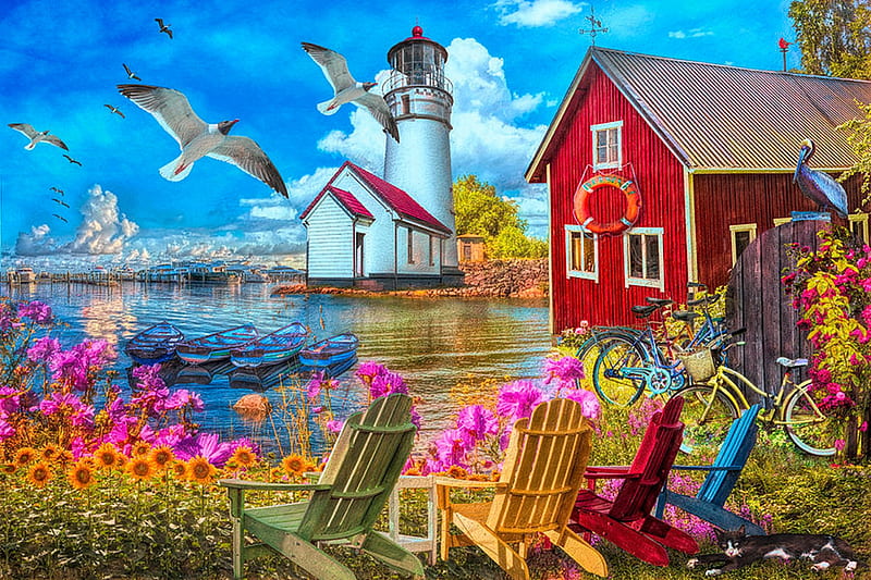 Seaside Invitation at the Harbor, house, seagulls, sky, lighthouse, artwork, boats, flowers, chairs, painting, bicycles, HD wallpaper