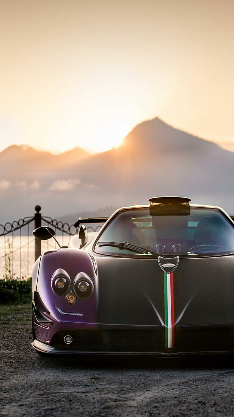 Pagani Zonda, car, carbon, hypercar, mountains, sunset, supercar, HD phone wallpaper