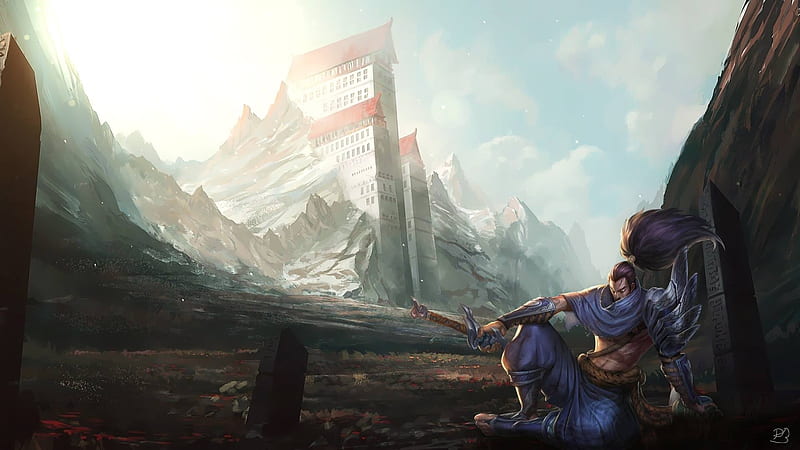 yasuo, league of legends, artwork, mountain, tower, clouds, Games, HD wallpaper