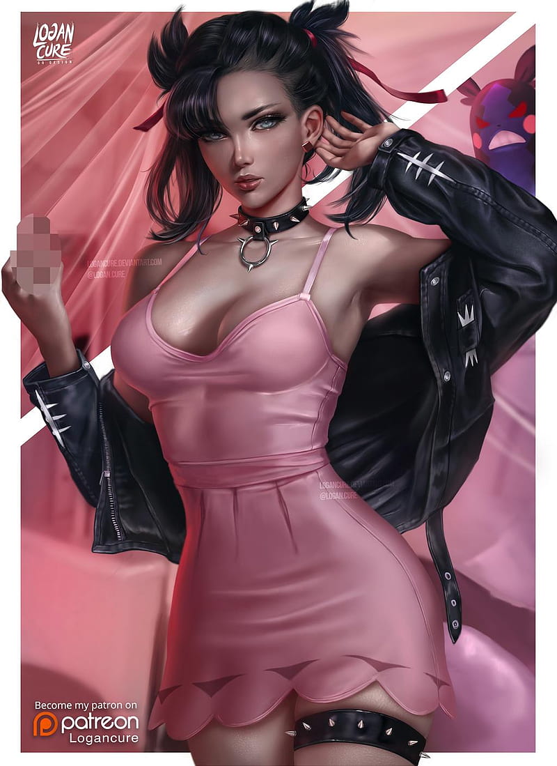 Logan Cure, drawing, Pokémon, women, dark hair, pigtails, bangs, dress, cleavage, pink clothing, thigh strap, leather jackets, open clothes, looking at viewer, choker, pink, frame, censored, open jacket, Marnie (Pokemon), HD phone wallpaper