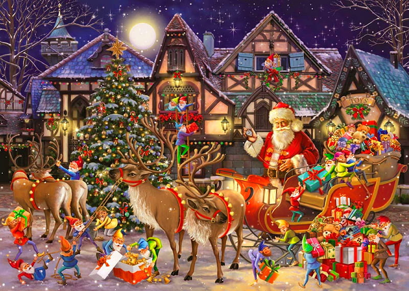 Santa's christmas helpers, holiday, houses, fun, joy, winter, dwarfs, santa, moon, helpers, snow, village, reindeers, HD wallpaper