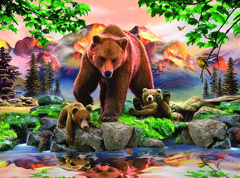 Bears, forest, art, luminos, cub, bear, howard robinson, animal, HD wallpaper