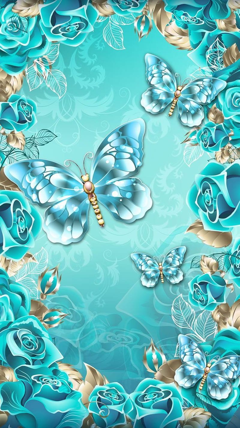 Butterflies , blue, gold, roses, spring, HD phone wallpaper