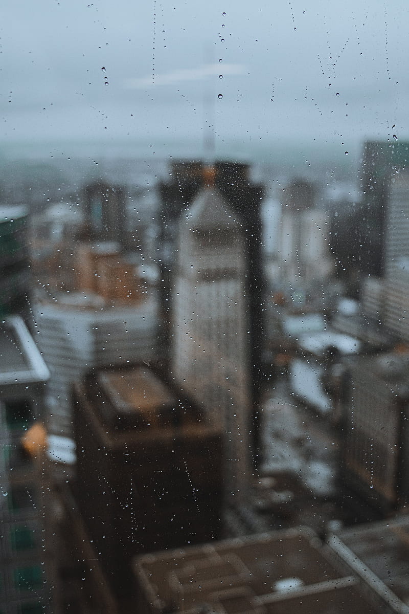 glass, drops, city, buildings, wet, macro, HD phone wallpaper