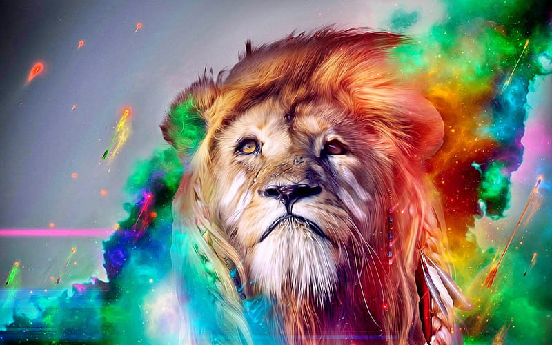 King of forest, painting, art, king, lion, HD wallpaper