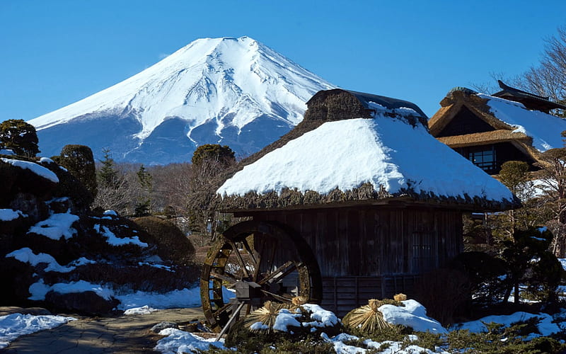 Mt. Fuji, japan, Japan, Mountain, Snow, Waterwheel, Hut, Nature, HD wallpaper