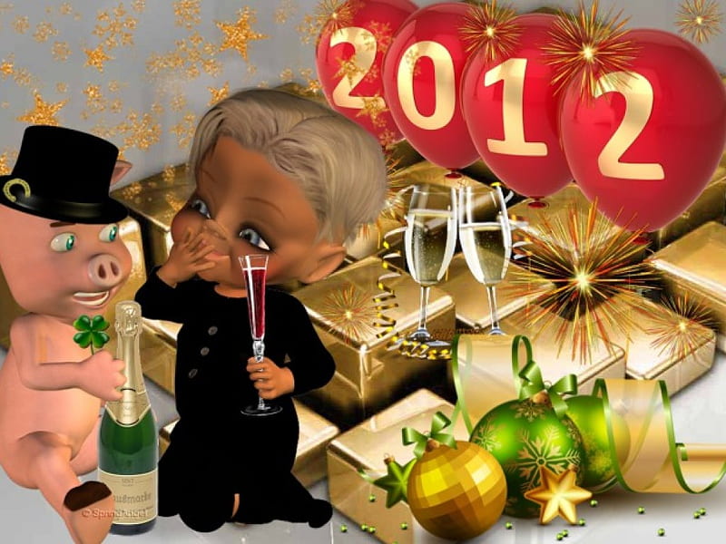 Happy New Year, kid, pig, new year, christmas, HD wallpaper